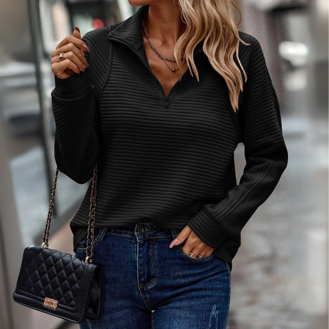 Comfortable Ribbed Knit Sweatshirt for Women with Collared Quarter Zip Long Sleeve Relaxed Oversized Style