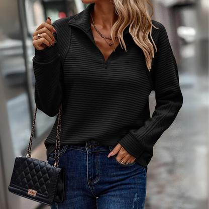 Comfortable Ribbed Knit Sweatshirt for Women with Collared Quarter Zip Long Sleeve Relaxed Oversized Style