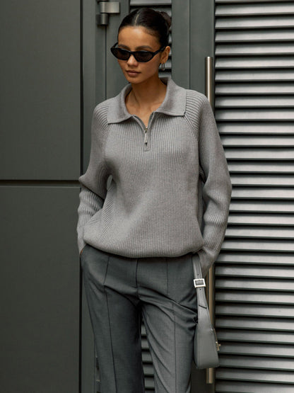 Comfortable Ribbed Knit Quarter Zip Sweater for Women with Collar Long Sleeve Relaxed Oversized Style