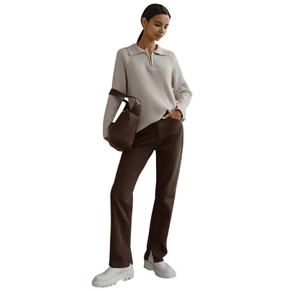 Comfortable Ribbed Knit Quarter Zip Sweater for Women with Collar Long Sleeve Relaxed Oversized Style