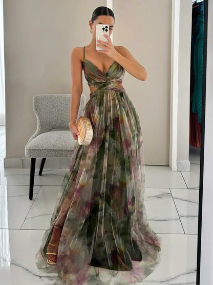 Elegant Watercolor Floral Maxi Dress for Women with V Neck Crisscross Waist Cutout Back Flowing Formal Wedding Guest Style