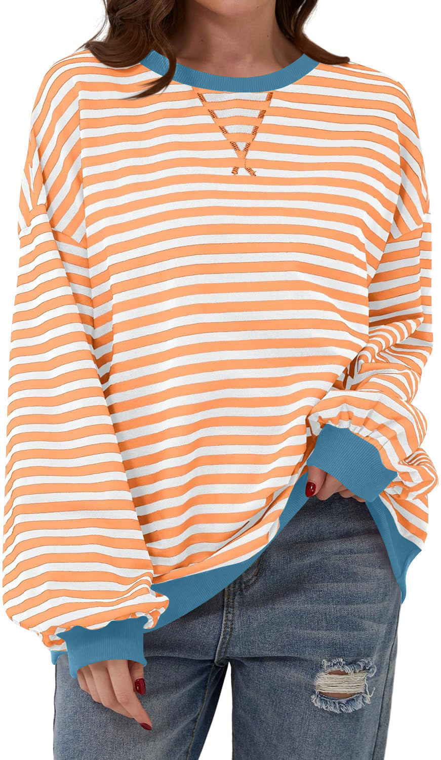 Comfortable Striped Sweatshirt for Women with Crew Neck Long Sleeve Contrast Trim Oversized Knit Style