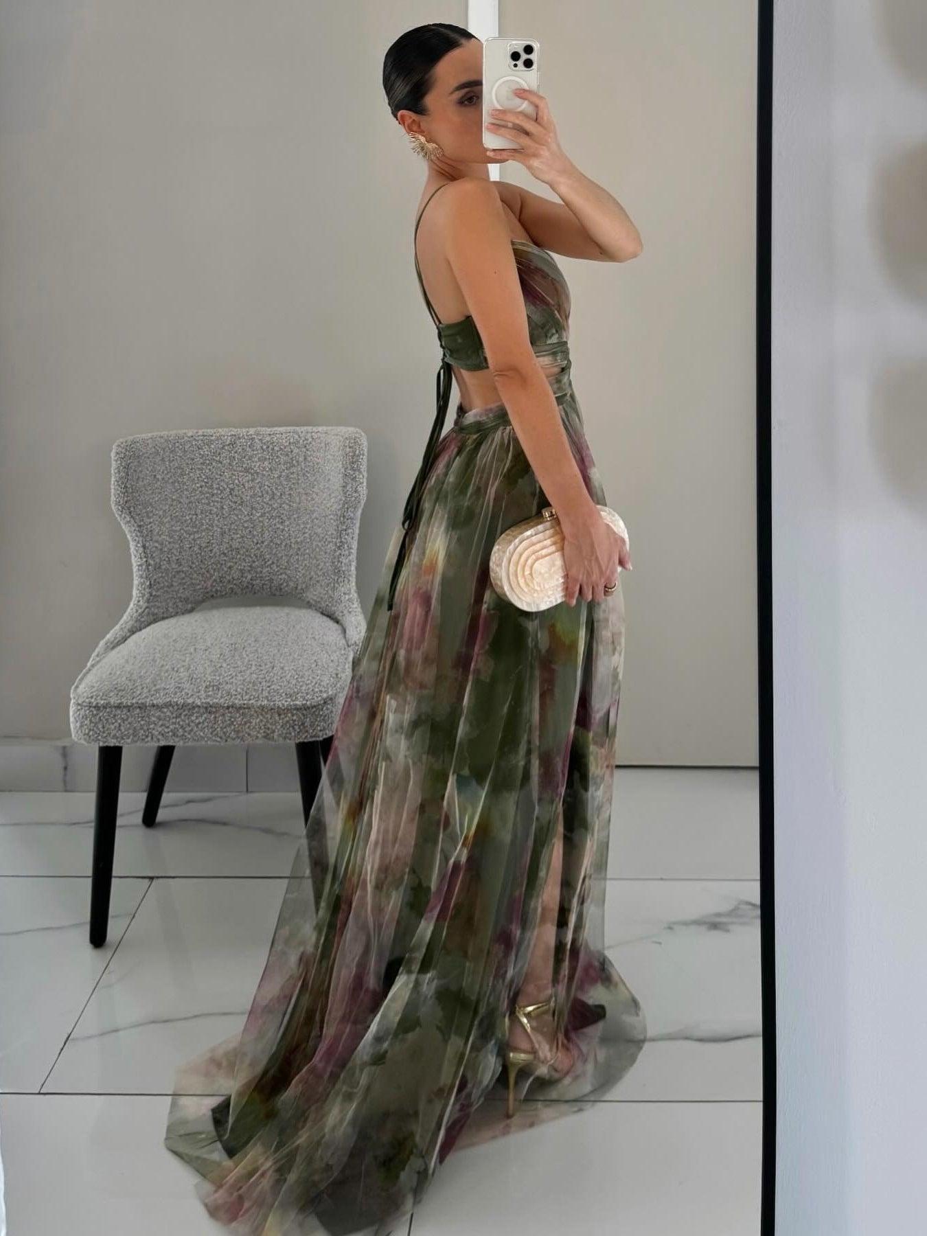 Elegant Watercolor Floral Maxi Dress for Women with V Neck Crisscross Waist Cutout Back Flowing Formal Wedding Guest Style