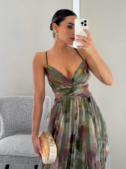 Elegant Watercolor Floral Maxi Dress for Women with V Neck Crisscross Waist Cutout Back Flowing Formal Wedding Guest Style