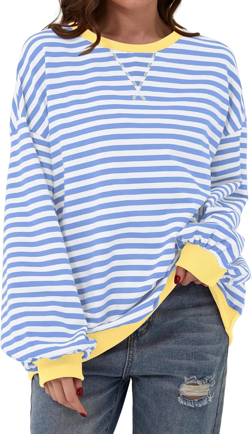 Comfortable Striped Sweatshirt for Women with Crew Neck Long Sleeve Contrast Trim Oversized Knit Style