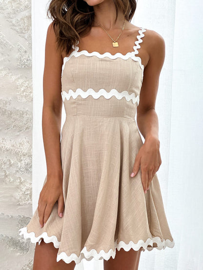 Effortless Linen Mini Dress for Women with Square Neck Sleeveless Wavy Trim Fit and Flare Style
