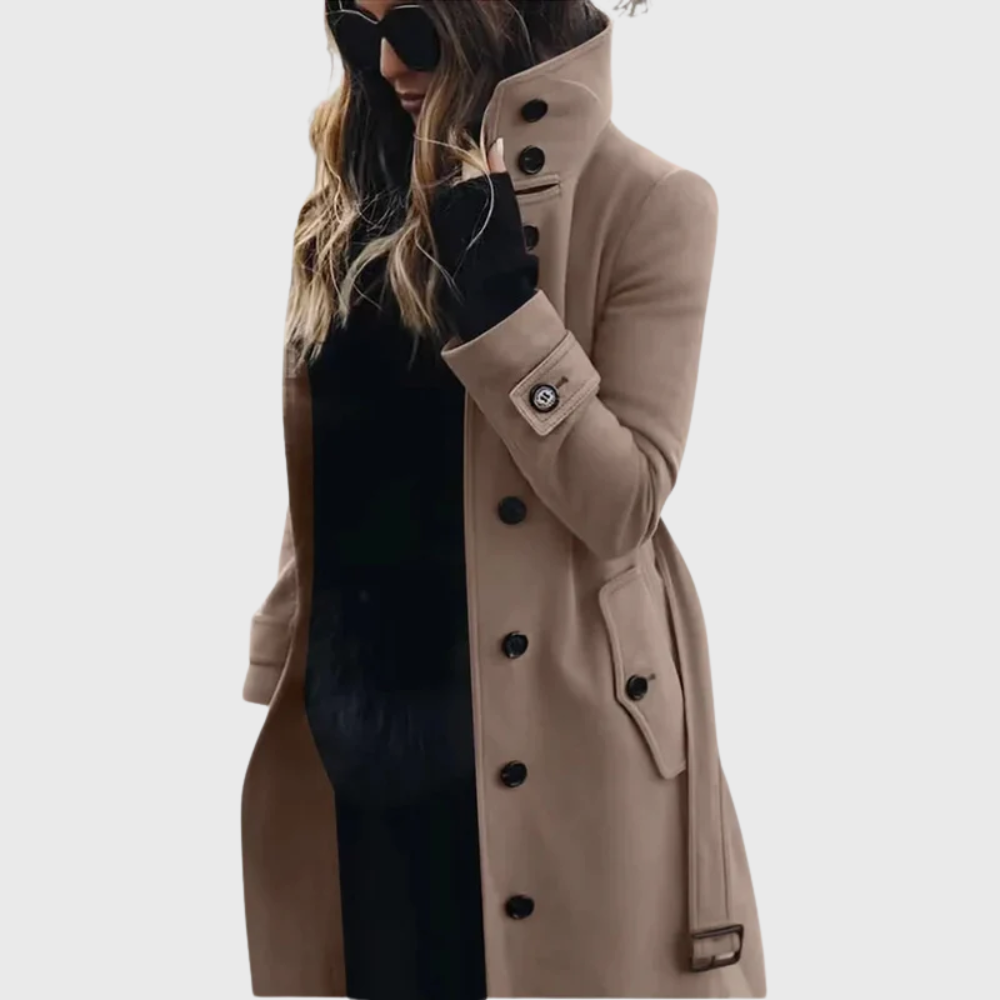 Elegant Wool Trench Coat for Women with Stand Collar Long Sleeve Belted Double Breasted Style