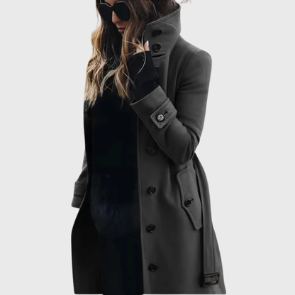 Elegant Wool Trench Coat for Women with Stand Collar Long Sleeve Belted Double Breasted Style