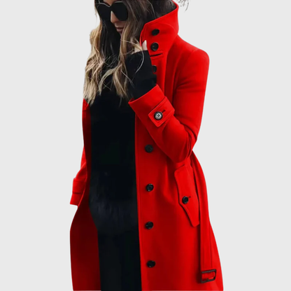 Elegant Wool Trench Coat for Women with Stand Collar Long Sleeve Belted Double Breasted Style