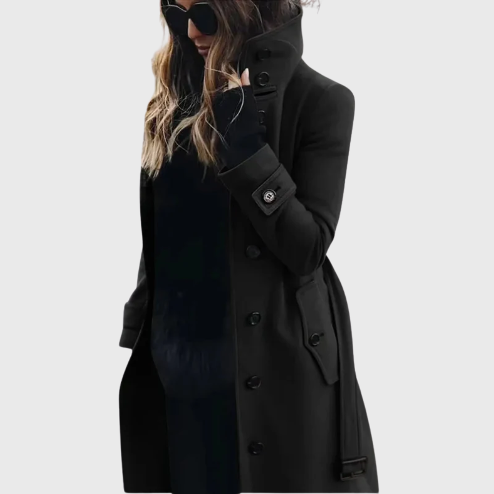 Elegant Wool Trench Coat for Women with Stand Collar Long Sleeve Belted Double Breasted Style
