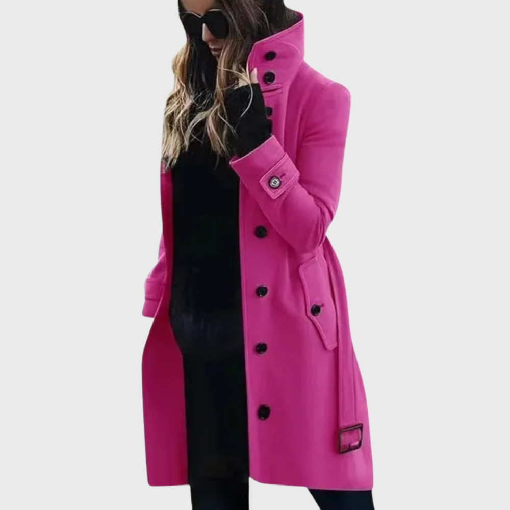 Elegant Wool Trench Coat for Women with Stand Collar Long Sleeve Belted Double Breasted Style