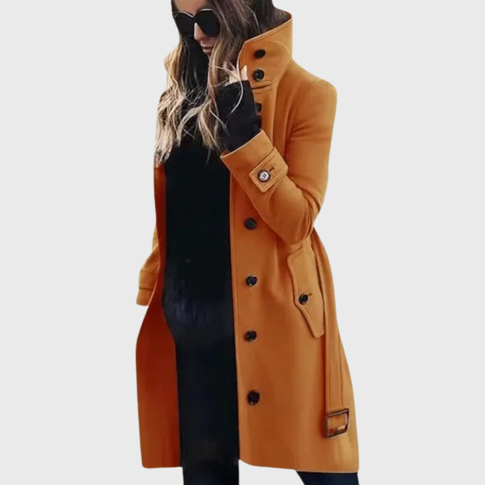 Elegant Wool Trench Coat for Women with Stand Collar Long Sleeve Belted Double Breasted Style
