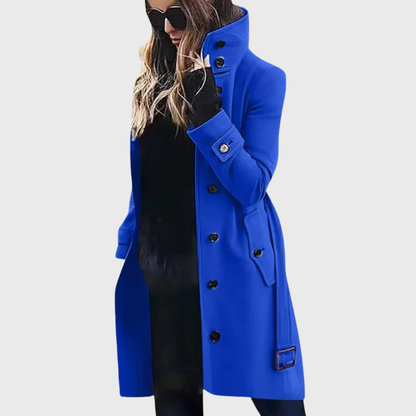 Elegant Wool Trench Coat for Women with Stand Collar Long Sleeve Belted Double Breasted Style