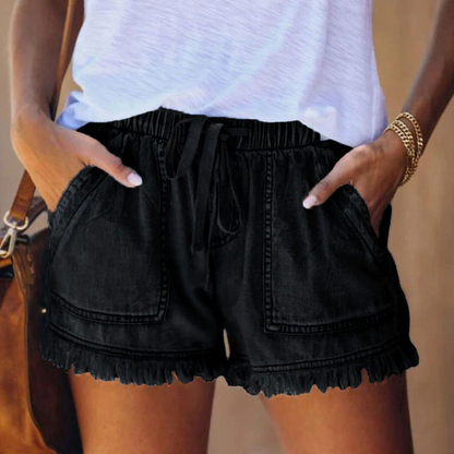 Effortless Denim Shorts for Women with High Waist Drawstring Frayed Hem Casual Style