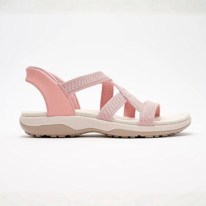Comfortable Sandals for Women with Multi Strap Woven Upper Cushioned Flat Sole Slip On Style