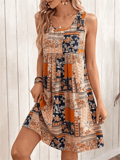 Effortless Patchwork Floral Mini Dress for Women with Scoop Neck Sleeveless Pleated A Line Bohemian Style