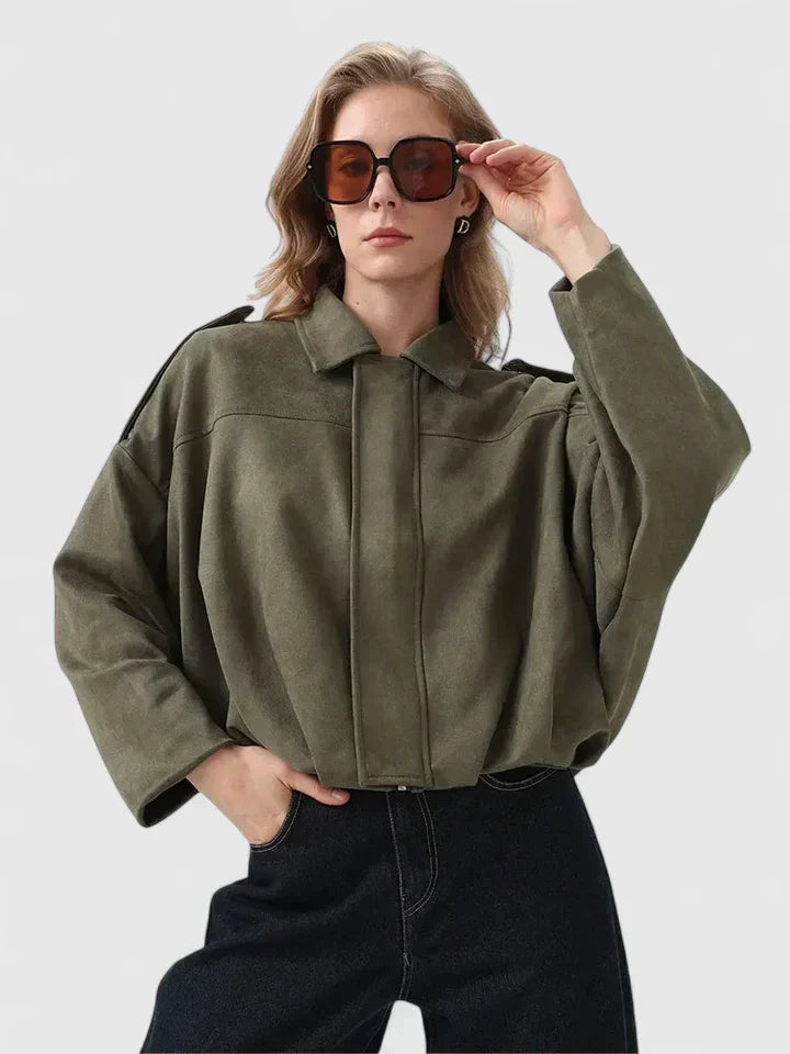 Effortless Suede Cropped Bomber Jacket for Women with Point Collar Long Sleeve Balloon Hem Oversized Style