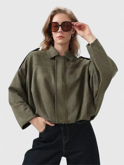 Effortless Suede Cropped Bomber Jacket for Women with Point Collar Long Sleeve Balloon Hem Oversized Style