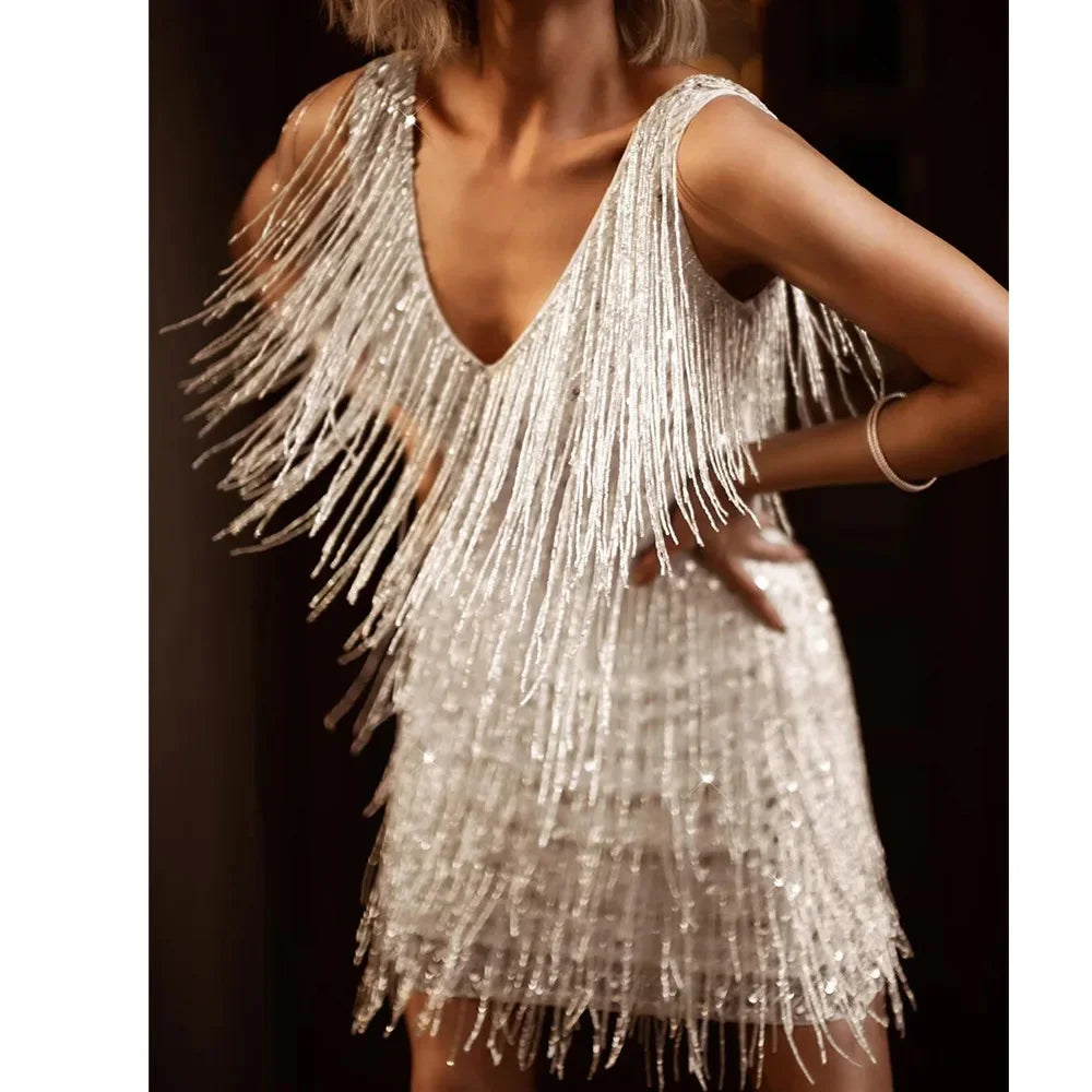 Elegant Sequin Fringe Mini Dress for Women with V Neck Sleeveless Tiered Sparkle Formal Party Style