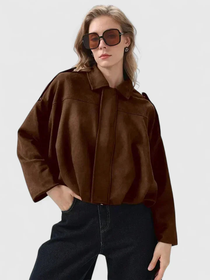 Effortless Suede Cropped Bomber Jacket for Women with Point Collar Long Sleeve Balloon Hem Oversized Style