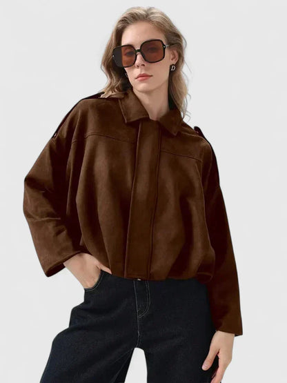 Effortless Suede Cropped Bomber Jacket for Women with Point Collar Long Sleeve Balloon Hem Oversized Style