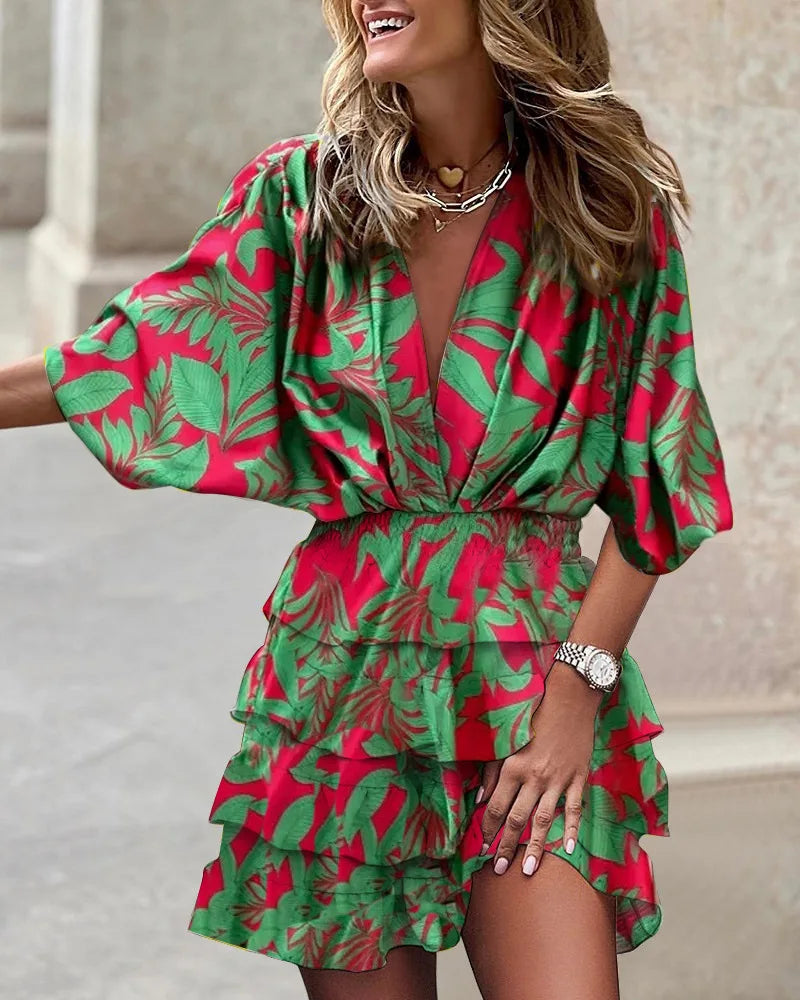 Effortless Floral Tiered Mini Dress for Women with V Neck Balloon Sleeve Smocked Waist Bohemian Style