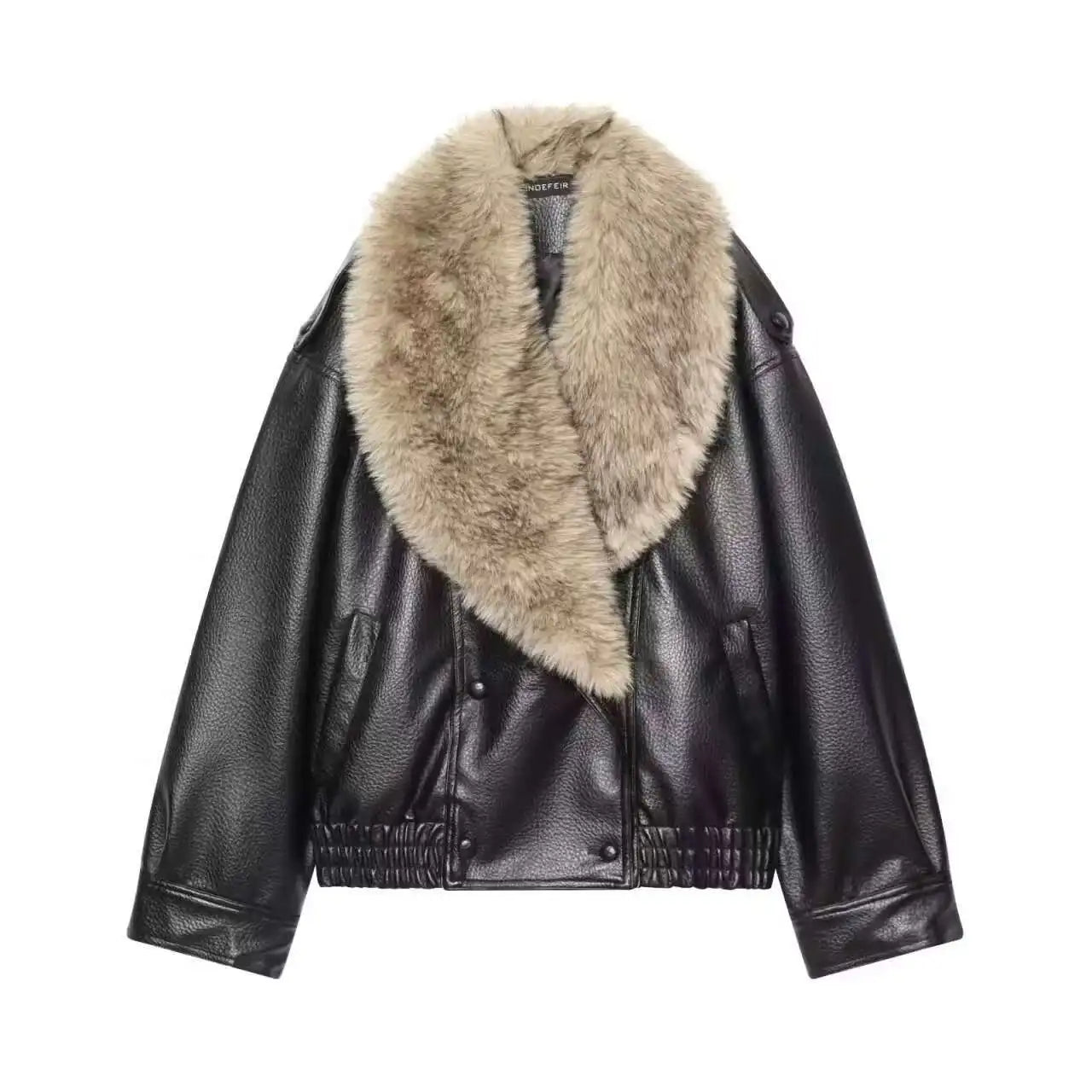 Elegant Faux Fur Collar Leather Jacket for Women with Long Sleeve Oversized Snap Button Style