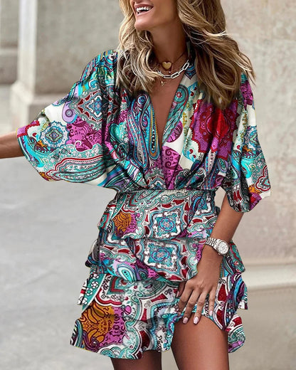 Effortless Floral Tiered Mini Dress for Women with V Neck Balloon Sleeve Smocked Waist Bohemian Style