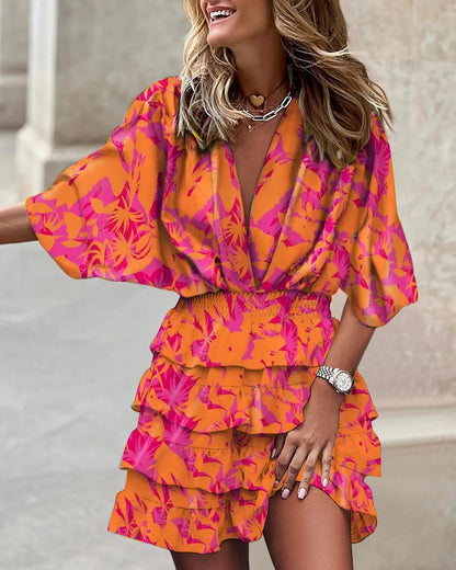 Effortless Floral Tiered Mini Dress for Women with V Neck Balloon Sleeve Smocked Waist Bohemian Style