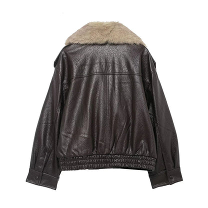 Elegant Faux Fur Collar Leather Jacket for Women with Long Sleeve Oversized Snap Button Style