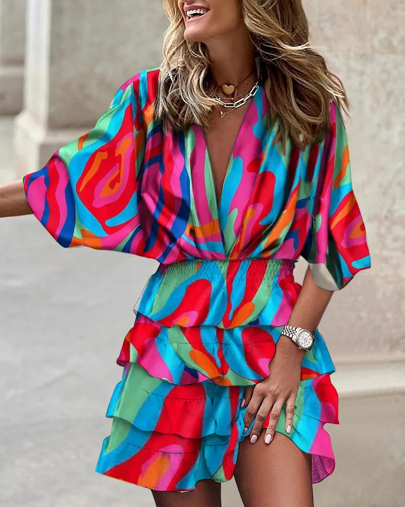 Effortless Floral Tiered Mini Dress for Women with V Neck Balloon Sleeve Smocked Waist Bohemian Style
