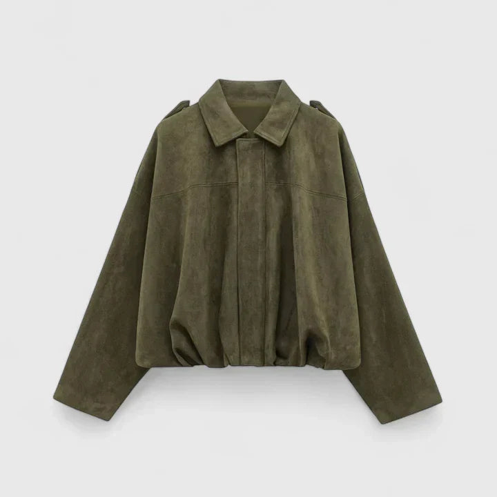 Effortless Suede Cropped Bomber Jacket for Women with Point Collar Long Sleeve Balloon Hem Oversized Style