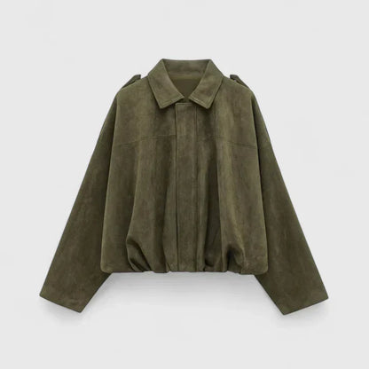 Effortless Suede Cropped Bomber Jacket for Women with Point Collar Long Sleeve Balloon Hem Oversized Style