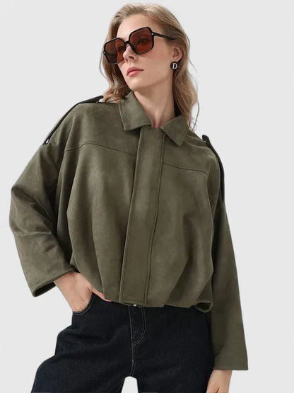Effortless Suede Cropped Bomber Jacket for Women with Point Collar Long Sleeve Balloon Hem Oversized Style