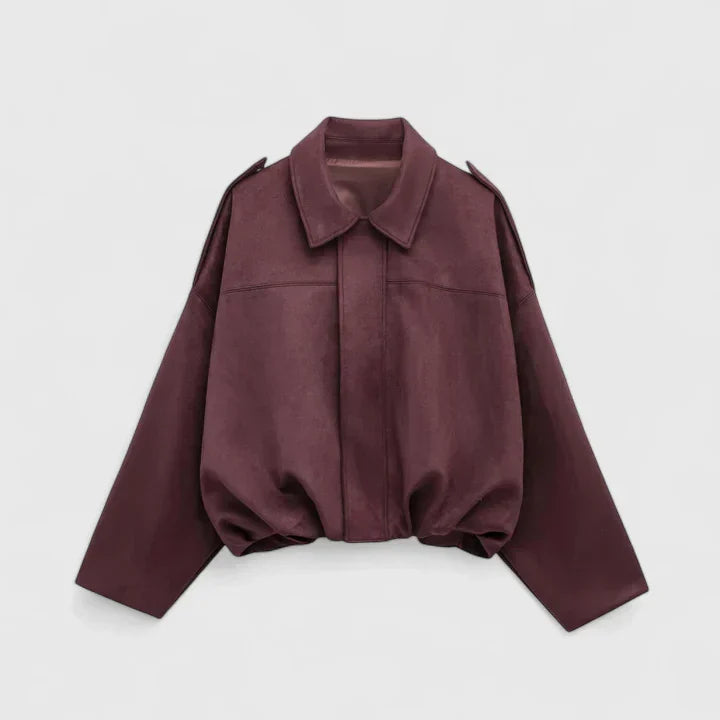 Effortless Suede Cropped Bomber Jacket for Women with Point Collar Long Sleeve Balloon Hem Oversized Style