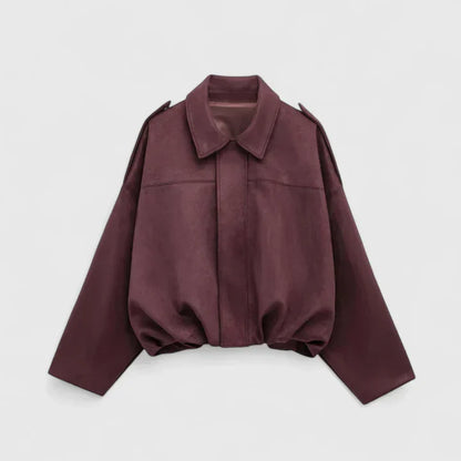 Effortless Suede Cropped Bomber Jacket for Women with Point Collar Long Sleeve Balloon Hem Oversized Style