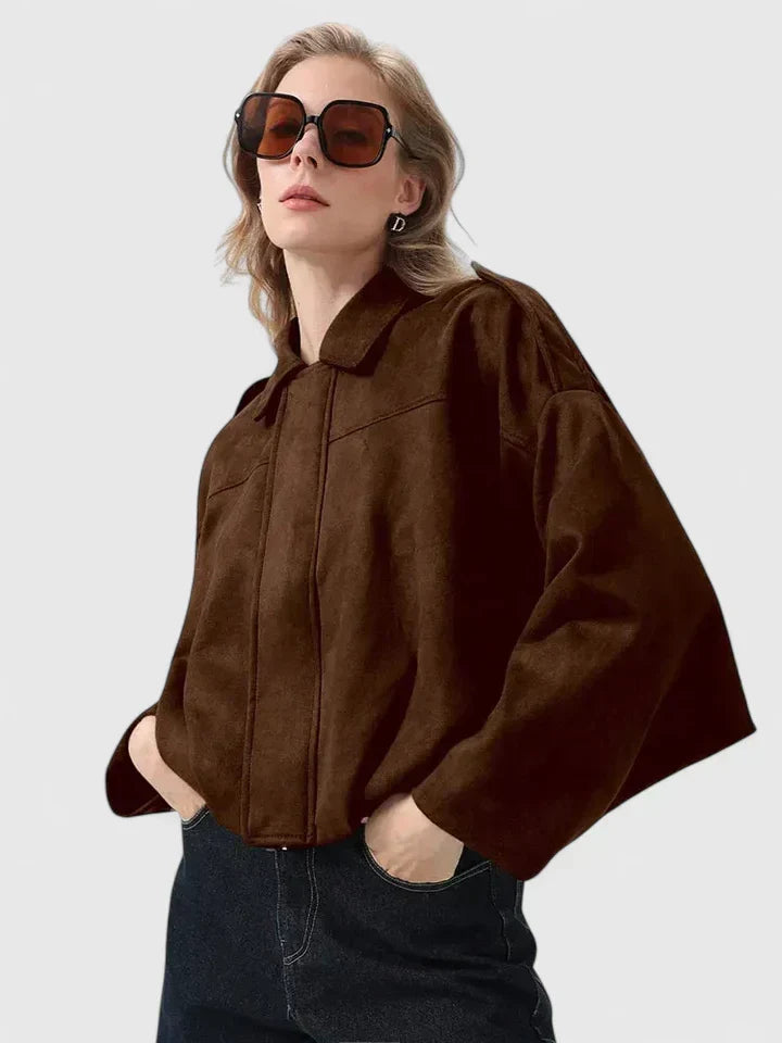 Effortless Suede Cropped Bomber Jacket for Women with Point Collar Long Sleeve Balloon Hem Oversized Style