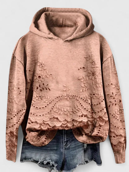 Comfortable Eyelet Embroidered Cropped Hoodie for Women with Drawstring Hood Long Sleeve Scalloped Hem Oversized Knit Style
