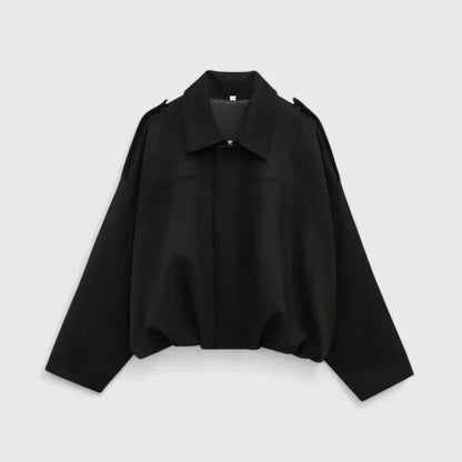 Effortless Suede Cropped Bomber Jacket for Women with Point Collar Long Sleeve Balloon Hem Oversized Style