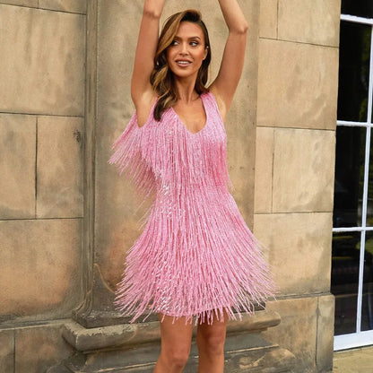 Elegant Sequin Fringe Mini Dress for Women with V Neck Sleeveless Tiered Sparkle Formal Party Style