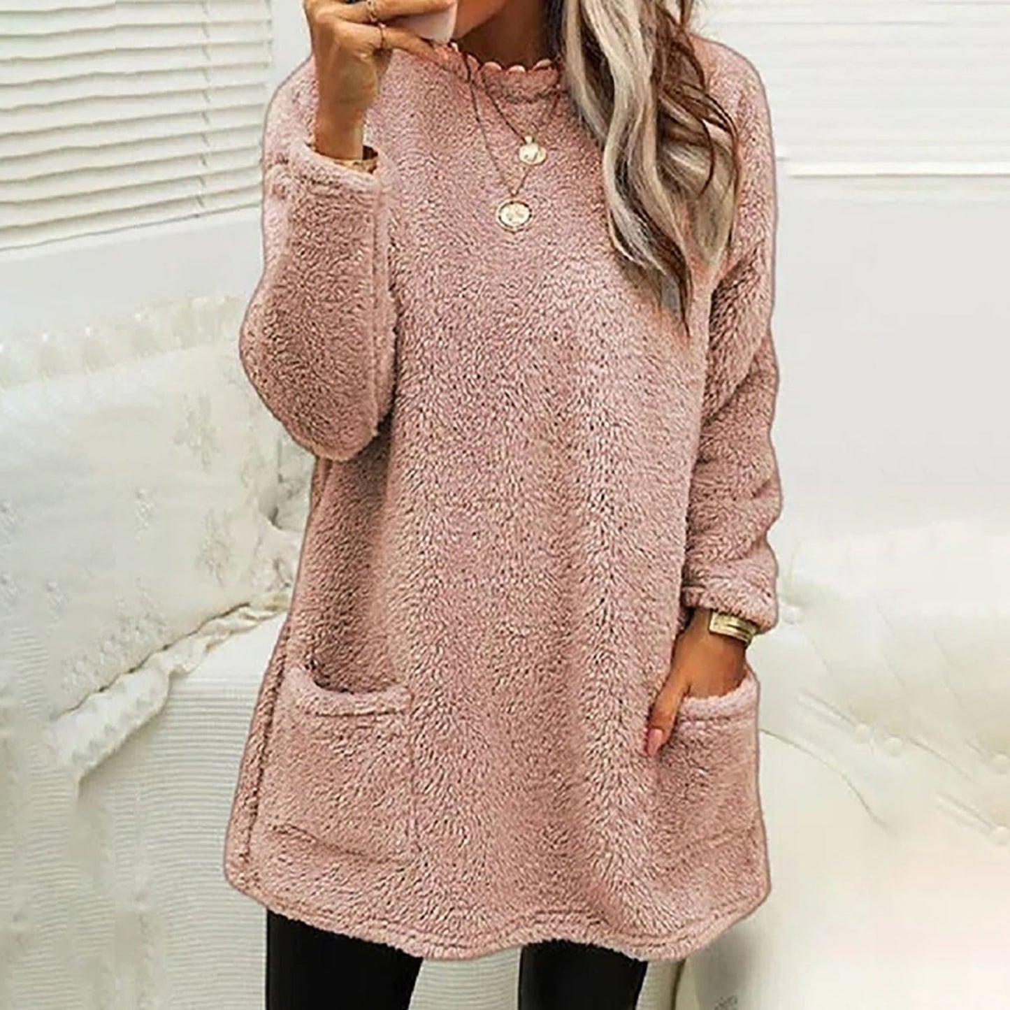 Comfortable Fleece Tunic Sweater for Women with Round Neck Long Sleeve Pocket Relaxed Oversized Style