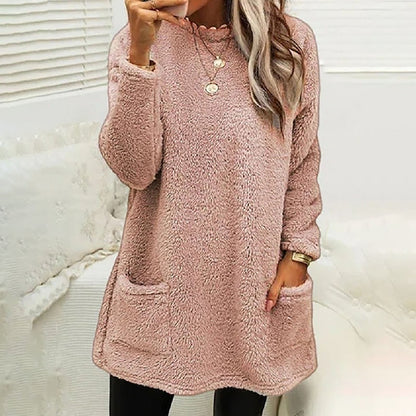 Comfortable Fleece Tunic Sweater for Women with Round Neck Long Sleeve Pocket Relaxed Oversized Style
