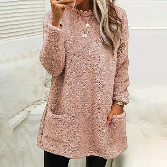 Comfortable Fleece Tunic Sweater for Women with Round Neck Long Sleeve Pocket Relaxed Oversized Style