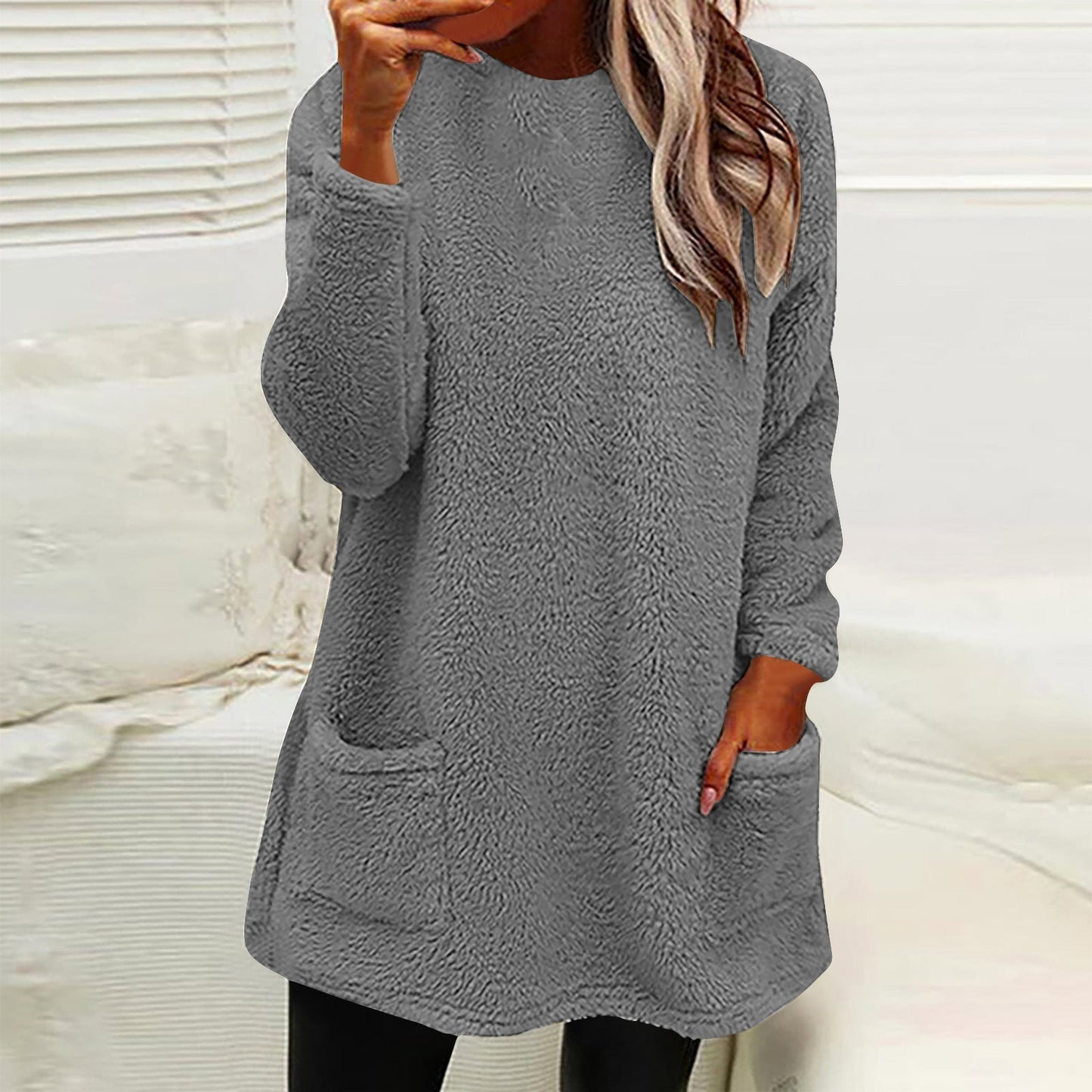 Comfortable Fleece Tunic Sweater for Women with Round Neck Long Sleeve Pocket Relaxed Oversized Style