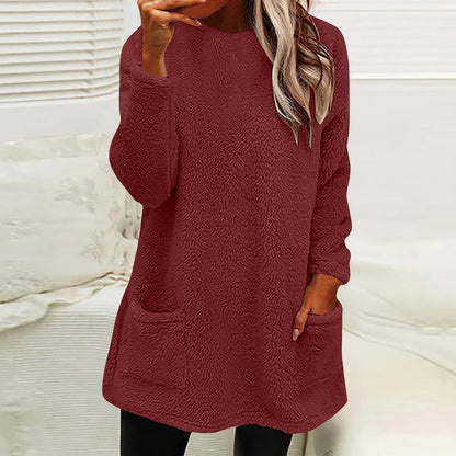 Comfortable Fleece Tunic Sweater for Women with Round Neck Long Sleeve Pocket Relaxed Oversized Style