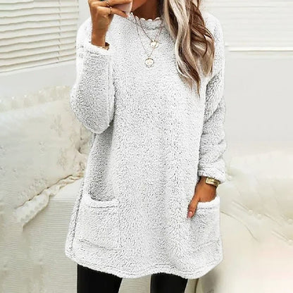 Comfortable Fleece Tunic Sweater for Women with Round Neck Long Sleeve Pocket Relaxed Oversized Style