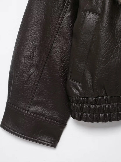 Elegant Faux Fur Collar Leather Jacket for Women with Long Sleeve Oversized Snap Button Style