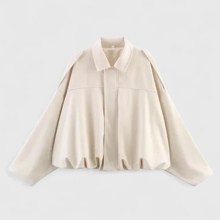 Effortless Suede Cropped Bomber Jacket for Women with Point Collar Long Sleeve Balloon Hem Oversized Style