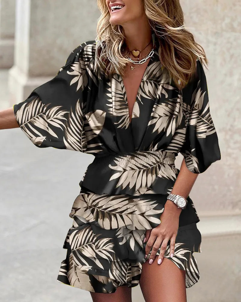 Effortless Floral Tiered Mini Dress for Women with V Neck Balloon Sleeve Smocked Waist Bohemian Style