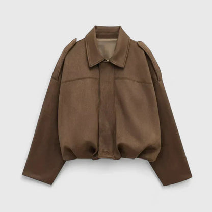 Effortless Suede Cropped Bomber Jacket for Women with Point Collar Long Sleeve Balloon Hem Oversized Style